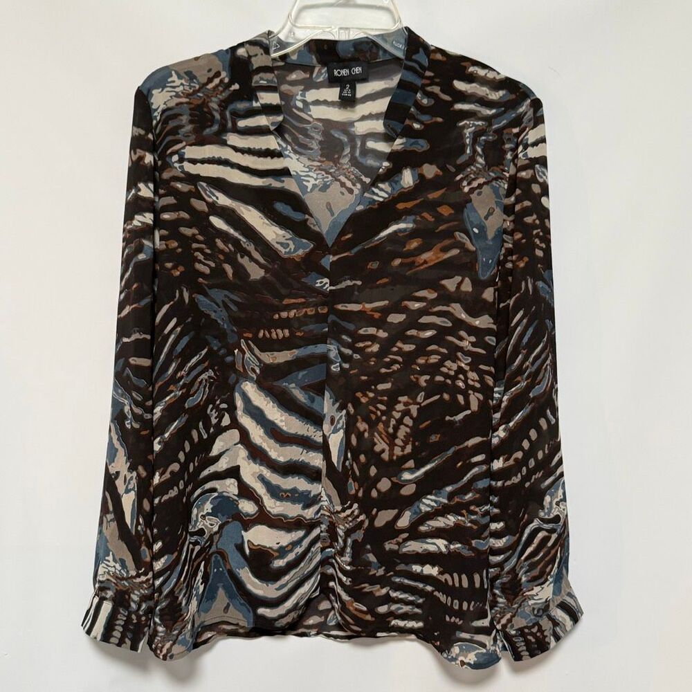 Ronen Chen Women v neck animal print sheer, long sleeve button cuff top size 8
